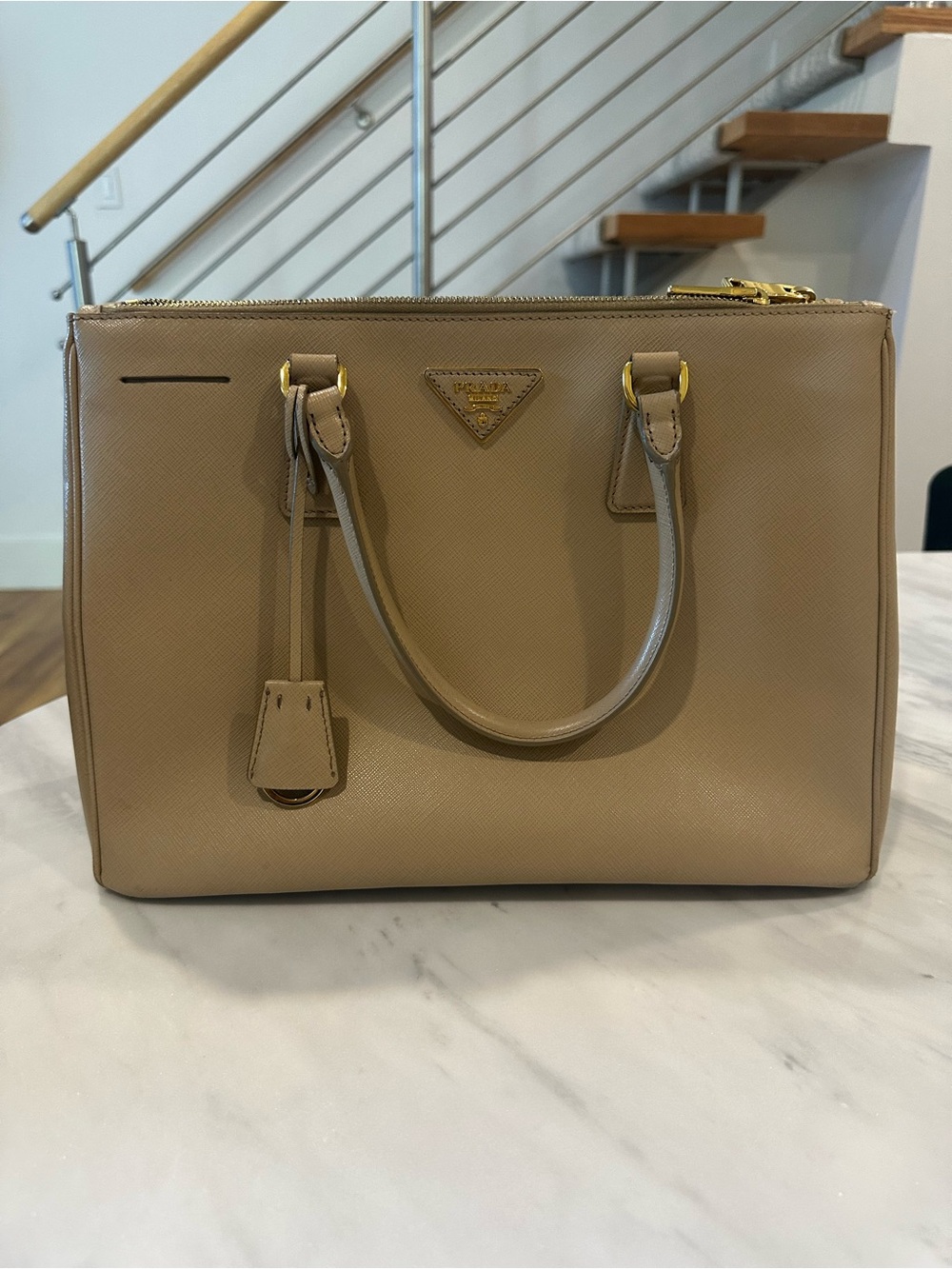 Prada Beige Saffiano Leather Double-Handle Satchel